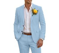Wehilion Men's Slim Fit Linen 2 Piece Suit Summer Beach Wedding Business, Light Blue, XL