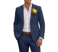 Wehilion Men's Slim Fit Linen 2 Piece Suit Summer Beach Wedding Business, Navy Blue, M