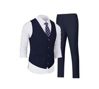 Wehilion Men's Suits 2 Pieces Vest+Pants Set V-Neck Slim Fit Casual Waistcoat Suit, Navy, Medium