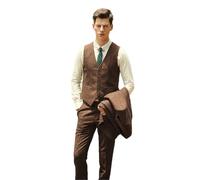 Wehilion Retro Herringbone Tweed Suit for Men Vest Pant Set 2 Pieces Men Suits, Brown, L