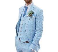 Wehilion Retro Linen Men Suit Beach Wedding Suit Summer Slim Fit 3 Pieces Light Weight Linen Suit Jacket Vest Pant Tuxedo, Baby Blue, L