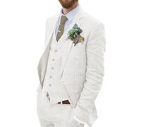 Wehilion Retro Linen Men Suit Beach Wedding Suit Summer Slim Fit 3 Pieces Light Weight Linen Suit Jacket Vest Pant Tuxedo, White, S