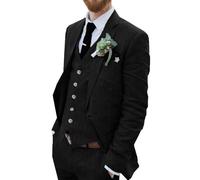 Wehilion Retro Linen Men Suit Beach Wedding Suit Summer Slim Fit 3 Pieces Light Weight Linen Suit Jacket Vest Pant Tuxedo, Black, L