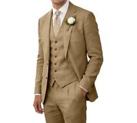 Wehilion Retro Linen Men Suit Beach Wedding Suit Summer Slim Fit 3 Pieces Light Weight Linen Suit Jacket Vest Pant Tuxedo, Khaki, XXL