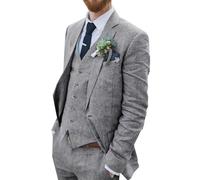 Wehilion Retro Linen Men Suit Beach Wedding Suit Summer Slim Fit 3 Pieces Light Weight Linen Suit Jacket Vest Pant Tuxedo, Gray, L