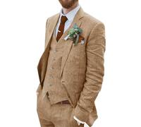 Wehilion Retro Linen Men Suit Beach Wedding Suit Summer Slim Fit 3 Pieces Light Weight Linen Suit Jacket Vest Pant Tuxedo, Khaki, XL