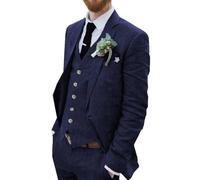 Wehilion Retro Linen Men Suit Beach Wedding Suit Summer Slim Fit 3 Pieces Light Weight Linen Suit Jacket Vest Pant Tuxedo, Navy, 3XL