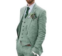 Wehilion Retro Linen Men Suit Beach Wedding Suit Summer Slim Fit 3 Pieces Light Weight Linen Suit Jacket Vest Pant Tuxedo, Light Green, M
