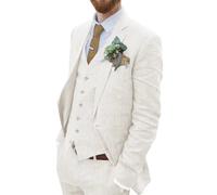 Wehilion Retro Linen Men Suit Beach Wedding Suit Summer Slim Fit 3 Pieces Light Weight Linen Suit Jacket Vest Pant Tuxedo, Ivory, M