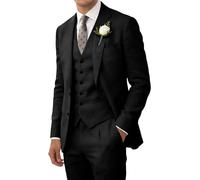 Wehilion Retro Linen Men Suits Beach Wedding Suit Summer Slim Fit 3 Pieces Light Weight Breathable Jacket Vest Pant Tuxedo, Black, XL