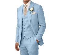 Wehilion Retro Linen Men Suit Beach Wedding Suit Summer Slim Fit 3 Pieces Light Weight Linen Suit Jacket Vest Pant Tuxedo, Baby Blue, XS