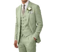 Wehilion Retro Linen Men's Suit Beach Wedding Suit Summer Slim Fit 3 Pieces Light Weight Linen Suit Jacket Vest Pant Tuxedo, Light green, XL