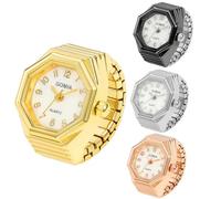 Weicam 4Pcs Creative Ring Finger Watches Octagon Gradient Dial Stretchable Strap Unisex Analog Quartz Ring Watch Set, Solid color
