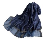 WEIGEER Silk Scarf - Hand-Stitched Beads Grey Black Pure Neckerchief Long Head Wrap for Women, Thin Beach Hijab Belt Bridal Shawl 190 x 70 cm