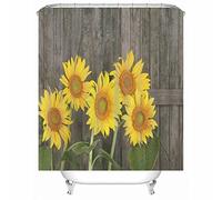 Weighted Shower Curtains 180X180, Tub Shower Curtain Polyester Wooden Door Sunflowers Waterproof Corner Shower Curtain 71X71In Yellow