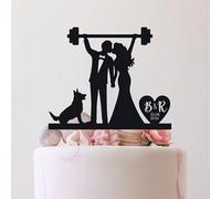 Weightlifting Cake Topper Wedding With Dog Bodybuilder Fitness Gym Workout Mr And Mrs, 6-7.8 Inch Customized Acylic Silhouette Anniversary