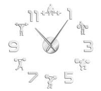 Weightlifting Fitness 3D DIY Wall Clock, Modern Frameless Stick-on Wall Clock with Mirror Numbers, Silent Non-Ticking Decorative Timepiece for Living Room, Bedroom and Office Decor (Silver,47inch)