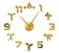 Weightlifting Fitness 3D DIY Wall Clock, Modern Frameless Stick-on Wall Clock with Mirror Numbers, Silent Non-Ticking Decorative Timepiece for Living Room, Bedroom and Office Decor (Gold,37inch)