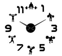 Weightlifting Fitness 3D DIY Wall Clock, Modern Frameless Stick-on Wall Clock with Mirror Numbers, Silent Non-Ticking Decorative Timepiece for Living Room, Bedroom and Office Decor (Black,47inch)