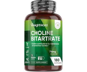 WeightWorld Choline Bitartrate Supplement 714mg | 180 Capsules | 3 Months Supply | Non-GMO & Gluten-Free | Choline Contributes to The Maintenance of Normal Liver Function (EFSA Claims)