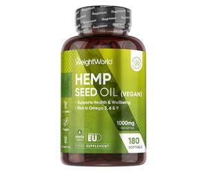 WeightWorld Cold-Pressed Hemp Seed Oil Softgels - 6 Months Supply - 180 Hemp Seed Oil Softgels - 1 per Day - with Added Vitamin E - Non-GMO & Vegan-Friendly - Omega 3 6 9 Supplement for Women & Men