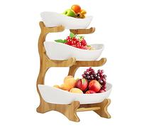 WEIGR 3 Layer Multi-Layer Ceramic Fruit Plate Bamboo Wooden Frame Household Sushi Plate Basket Bowl Holder Vegetables Storage Stand Kitchen Organizer (Weiß)
