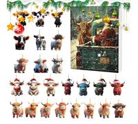 Weihnachten Highland Cow Adventskalender 24 Tage - Weihnachts Countdown Kalender Advent | 2D Acryl Highland Cow Schmuck, Ornamente Für Fenster, Auto Rückspiegel, Wand, Tür, Weihnachtsbaum, Deko