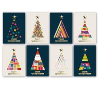 Weihnachtskarten Pack à 32 Stück. Jedes Weihnachtskarten-Multipack enthält 8 verschiedene Weihnachtsbaum-Motive. 3D-Goldfolie. Karten, Umschläge und Schachtel umweltfreundlich, recycelbar