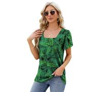 WeiHykki Women Summer Short Sleeve Tops Casaual Square Neck Basic Tops Blouse Loose Fit Solid Color Floral Tops T-Shirt (Leaf Flower,M)