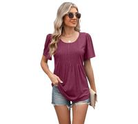 WeiHykki Women Y2K Loose Fit Short Sleeve Tops Crew Neck Pleated Basic Tops Blouse Casual Summer Solid Color Ladies Tops T-Shirt (Burgundy,L)