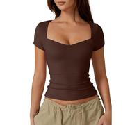 WeiHykki Womens Sweetheart Neck Short Sleeve T Shirts Slim Fit Y2K Basic Tee Shirt Crop Top Streetwear (Brown,L)