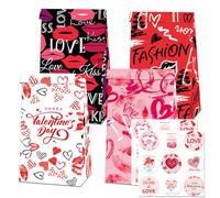 WEIKA 12 Pcs Valentine's Day Paper Gift Bags Set with 18 Pcs Stickers - Valentines Decorations with Love, Heart & Happy Valentine's Day Designs (Black Pink White)