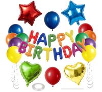 WEIKA 27 Pcs Rainbow Birthday Decorations, 3D Letters Rainbow Happy Birthday Balloon Banner, Pentagram Heart Foil Balloons Confetti Balloons Kit For Boys Girls Party Supplies