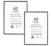 Weikani A3 Black Picture Frame with A4 Mat,2 Pack-29.7x42 cm Wood Photo Frame,Certificate Frame with Plexiglass for Wall Mount or Table Top Display