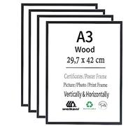 Weikani A3 Black Wood Picture Frame,4 Pack-29.7x42 cm Photo Certificate Frame with Plexi-glass for Wall Mount or Table Top Display