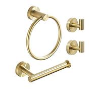 WEIKO Gold Bathroom Hardware Set, Brushed Gold Toilet Paper Holder Towel Ring and 2 Robe Hooks Bathroom Accessories Kit Wall Mount Stainless Steel,4 Pieces