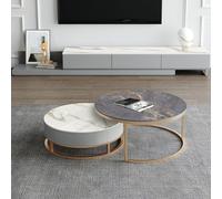 Weilai Concept Lvinta Grey Round Nesting Coffee Table, Gold Base - 80cm+90cm - Option B ( Both White ) With Gold Base