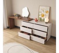 Weilai Concept Nevada Dressing Table with Sideboard & Stool - Round Mirror ( NO LED Light ) - Off White + Walnut