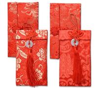 Weilin 4 Pcs Red Envelopes Chinese New Year, Chinese Red Envelopes Pocket, Silk Pocket New Year Invitation Envelop, Gift Wrap Bags for Spring Festival, Birthday, Wedding (4 Styles)