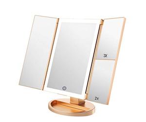 WEILY Lighted Vanity Makeup Mirror 1x/2x/3x Magnification Trifold 36 LED Lights Touch Screen USB charging, 180 Degree Adjustable Stand Countertop Cosmetic Makeup Mirror(Gold)
