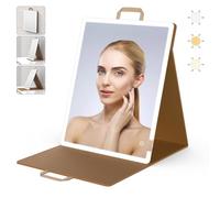 WEILY Make-up Mirror with Lighting, Portable Large Foldable Mirror, Table Mirror with 3 Colour Lights, 2000 mAh USB Rechargeable Cosmetic Mirror, PU Leather Mirror for Dressing Table (41 x 51 cm)