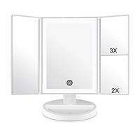 WEILY Makeup Vanity Mirror with LED Lighting and Touch Screen, Tri-Fold 1x 2x 3x Magnification,180° Adjustable Rotation,Battery and USB Powered,Countertop Cosmetic Mirror (White)