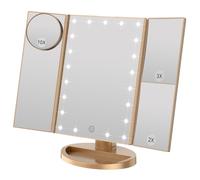 WEILY Tri-Fold Makeup Mirror with 2X/3X Magnifying 21 LEDs, 2 Power Supply Mode, Touch Switch Tabletop Cosmetic Mirror (Gold)