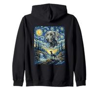 Weimaraner Dog Moon Howling Starry Night Van Gogh Art Style Zip Hoodie