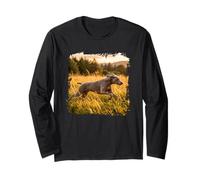Weimaraner Running Meadow Sunset Field Scene Long Sleeve T-Shirt
