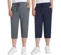 Weintee Women's Petite Cotton Capri Pants with Pockets 2 Pack, Navy Graniteheather 2 Pack, L Petite