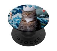 Weird Cat with Koi and Great Wave of Kanagawa PopSockets Adhesive PopGrip