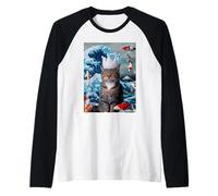 Weird Cat with Koi and Great Wave of Kanagawa Raglan Baseball Tee