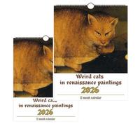 Weird Cats in Renaissance 2026 Wall Calendar 12 Monthly Medieval Funny Cat Paintings Creative Gift for Cat Lovers & Art Fans Home Office (2pcs)