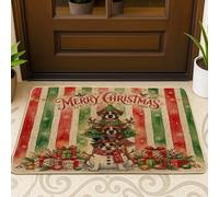 Weird Christmas Boxer Dog Front Black Door Mat Outside Inside Entrance 29x17 Inch, Fun Cool Red Green Xmas Outdoor Washable Doormat, Small Holiday Patio Garage Shoes Off Door Rug